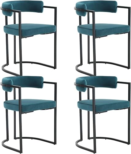ZSARTS Modern Barrel - Juego de 4 sillas de comedor de terciopelo verde azulado con brazos, sillas de cocina tapizadas con marco de metal negro para