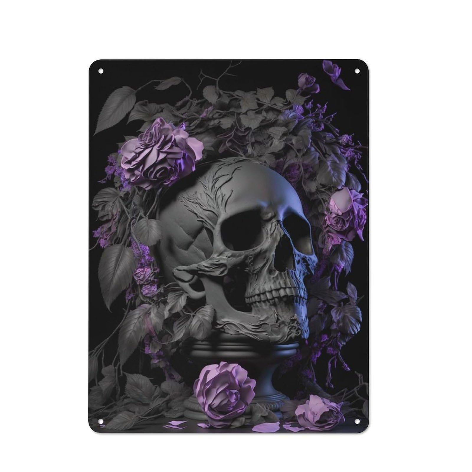 Junmoney Grey Skull Purple Roses Vintage Tin Sign 40X30cm With For Guest Room Or Hallway, For Vintage Wall Decor Fans, For Themed Room Decoration