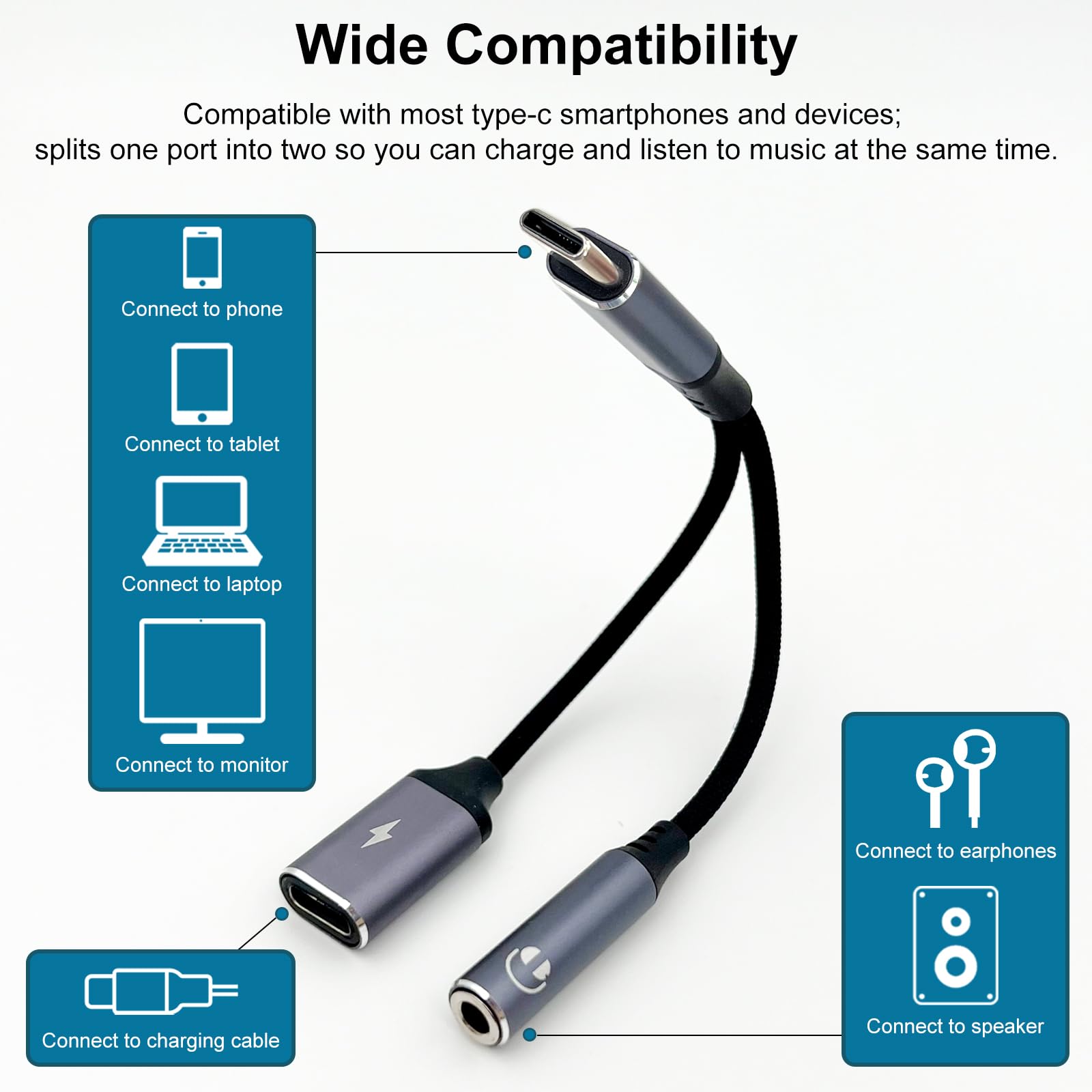Adattatore di ricarica 2 in 1 da USB-C a audio e PD da 3,5 mm – Cavo dongle per ricarica rapida e jack per cuffie per dispositivi USB di tipo C (2 porte)