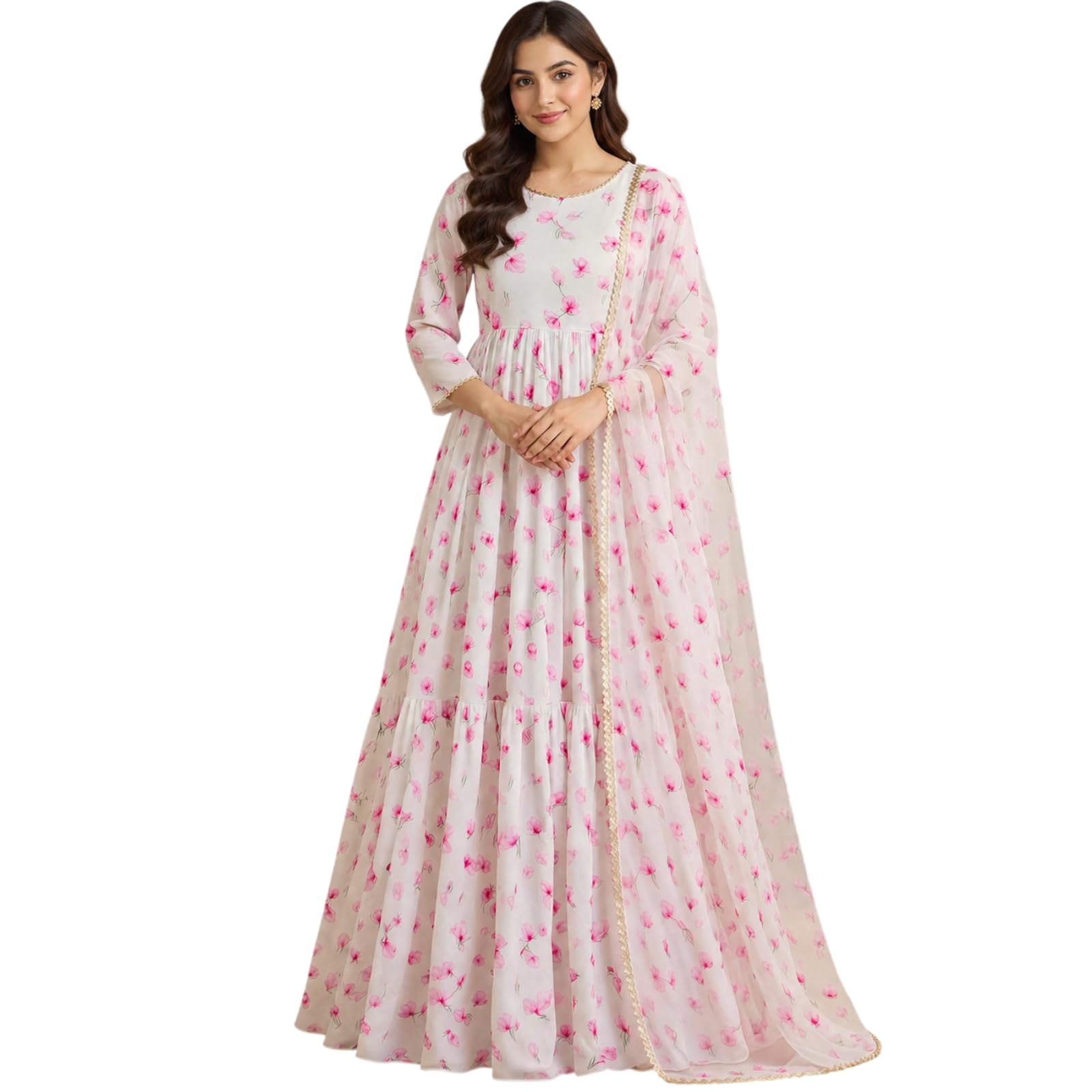 Women's Georgette Floral Printed Anarkali Gown with Dupatta | Ethnic Maxi Dress | Round Neck | 3/4 Sleeves | Flared Party Festive, Wedding, Casual Traditional Outfit for Women-image-15