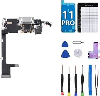 for iPhone 11 Pro Charging Port Replacement OEM Headphone Port Microphone Antenna Ribbon Cable White USB Charge Dock Connector with Full Repair Tools Kit Waterproof Sticker A2160 A2217 A2215