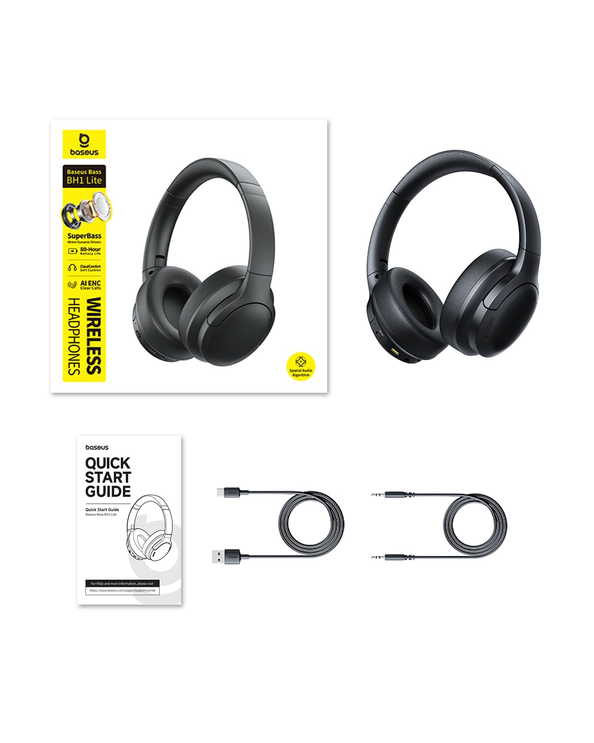 Baseus BH1 Lite Cuffie Bluetooth Over-Ear, Leggere e Comode Cuffie Wireless con Suono Cristallino, Driver Dinamici da 40 mm, Fino a 80 Ore di Autonomia, Bluetooth 6.0 – Nero Interstellare