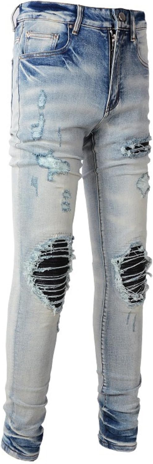 Men's Classic Biker Regular Fit Flex Jean Washed Slim Fit Straight Jeans Patchwork Comfort Skinny Biker Denim Pants
