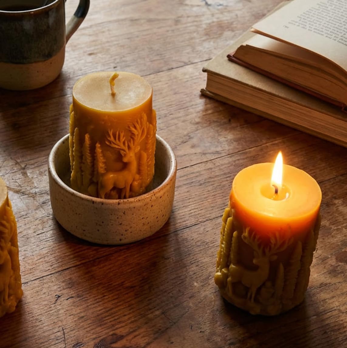 Juego de 3 velas de cera de abejas 100 % ciervo en el bosque velas ecológicas premium