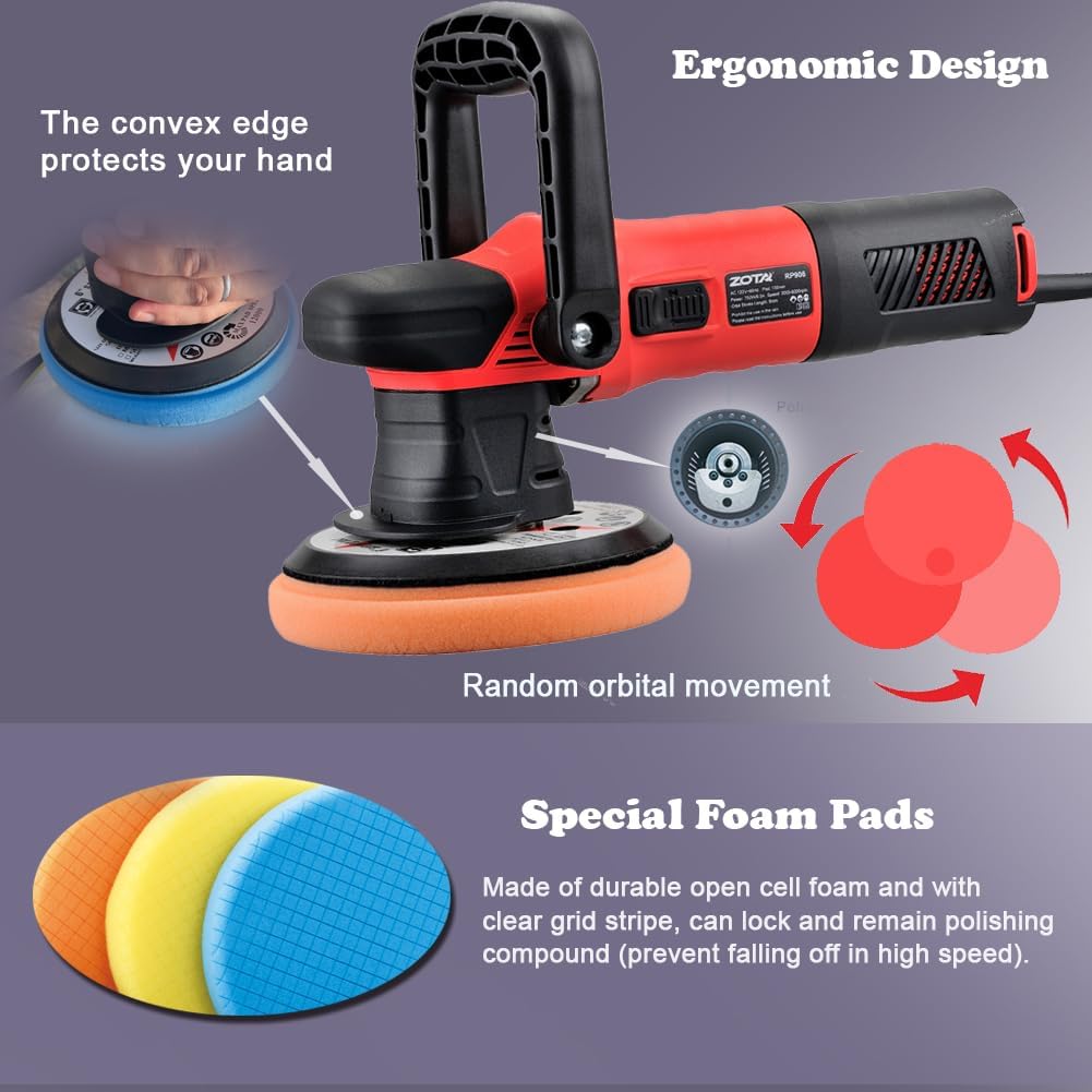 ZOTA Car Buffer Polisher,6 inch Orbital Polisher,Dual Action Polisher with 6 Variable Speed, 750W Ramdom Orbital Polisher Buffer for Car Detailing,car buffers and polishers kit for Waxing Polishing.