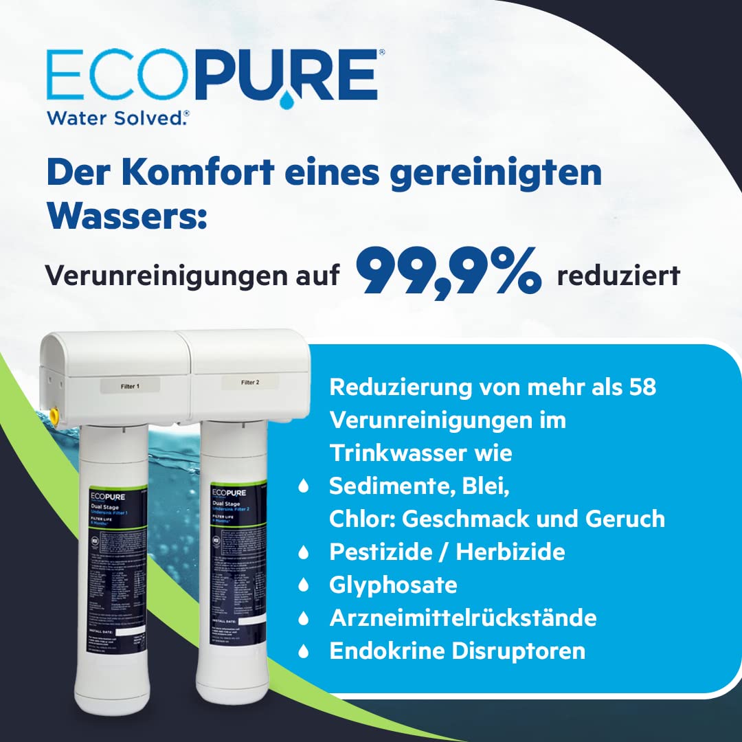 ECOPURE | 2-Stufen-Filtrationssystem unter der Spüle (ECOP20) für reines, gesundes Trinkwasser | Reduktion von Blei, Chemikalien und Chlor | Lebensdauer: 6 Monate/7500L Wasser