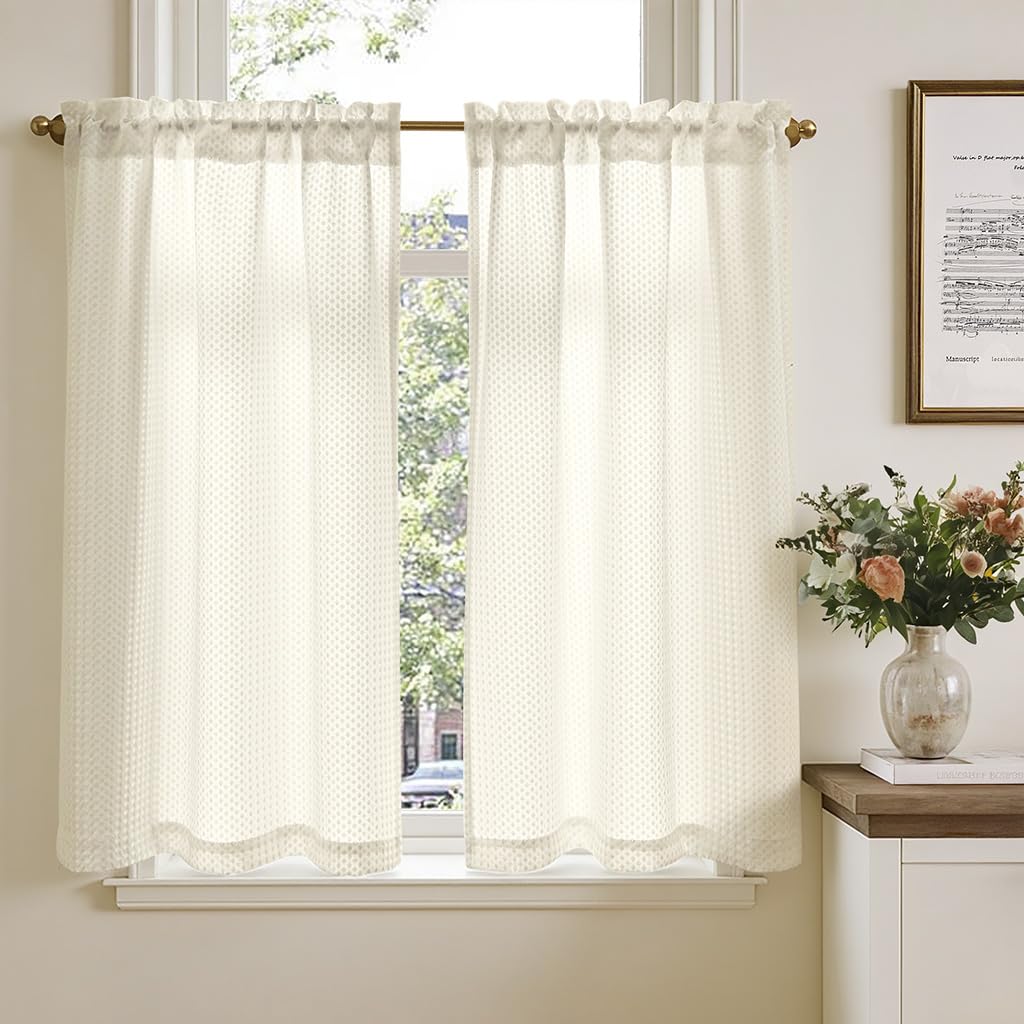 TOPICK Küchenvorhang, Wohnzimmer, mit Waffelmuster, für den Außenbereich, Kurzfenster, Vorhänge, Scheibengardinen, Dekoration, Terrasse, Schlafzimmer, Schrank