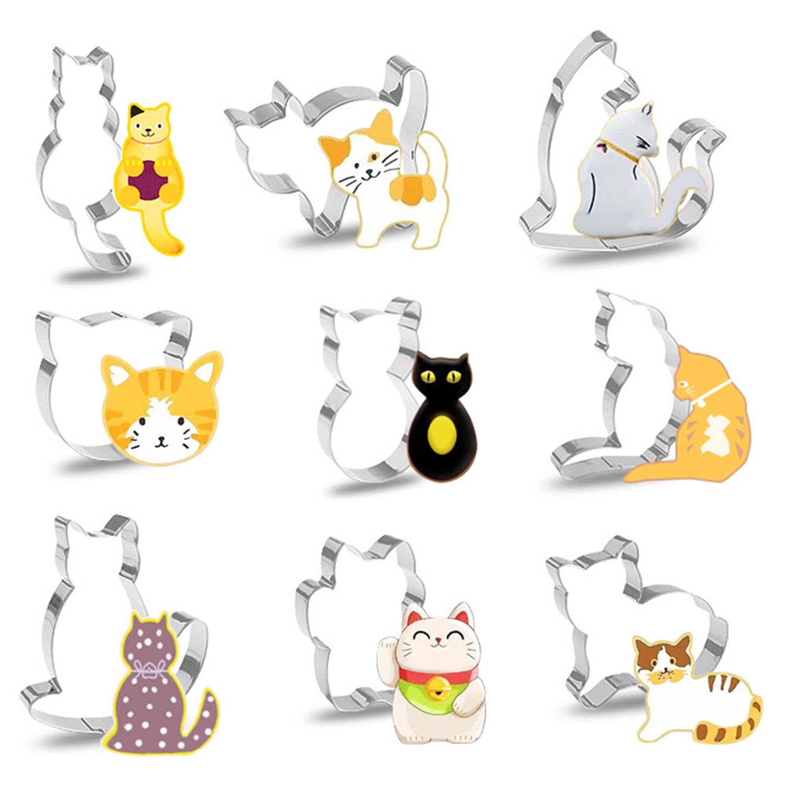 Juego de cortadores de galletas para gatos, 9 piezas, cortadores de galletas de acero inoxidable con forma de animales, moldes de alimentos para dulces, cortadores de alimentos con temática de gatos,