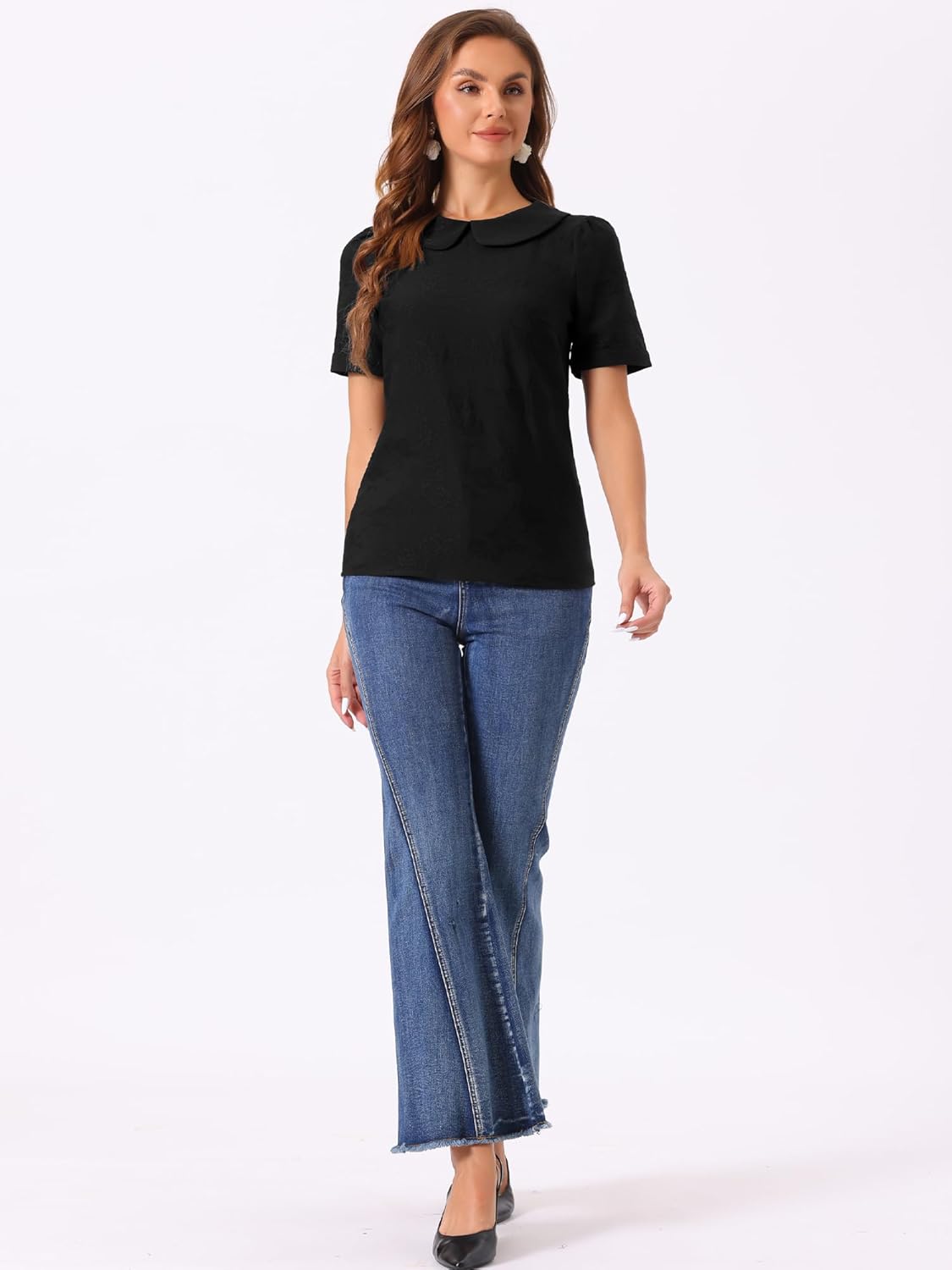 Allegra K Peter Pan Collar Blouse for Women's Floral Jacquard Puff Short Sleeve Kawaii Top - Image 4