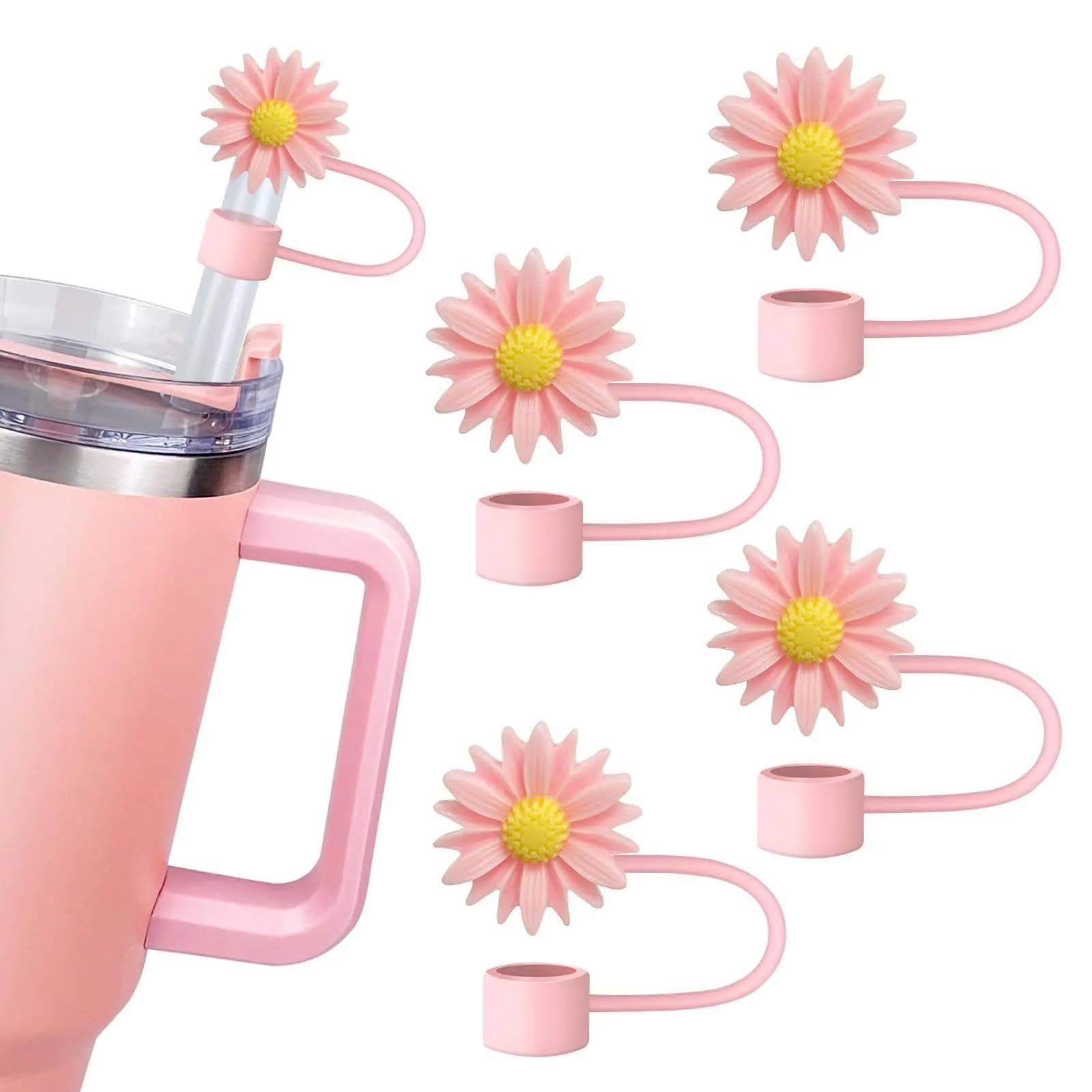 Hemasa 4pcs Sunflower Straw Topper Cover for 30oz 40oz Stanley Tumbler Cup, 10mm Straw Cap for Decoration (Pink)