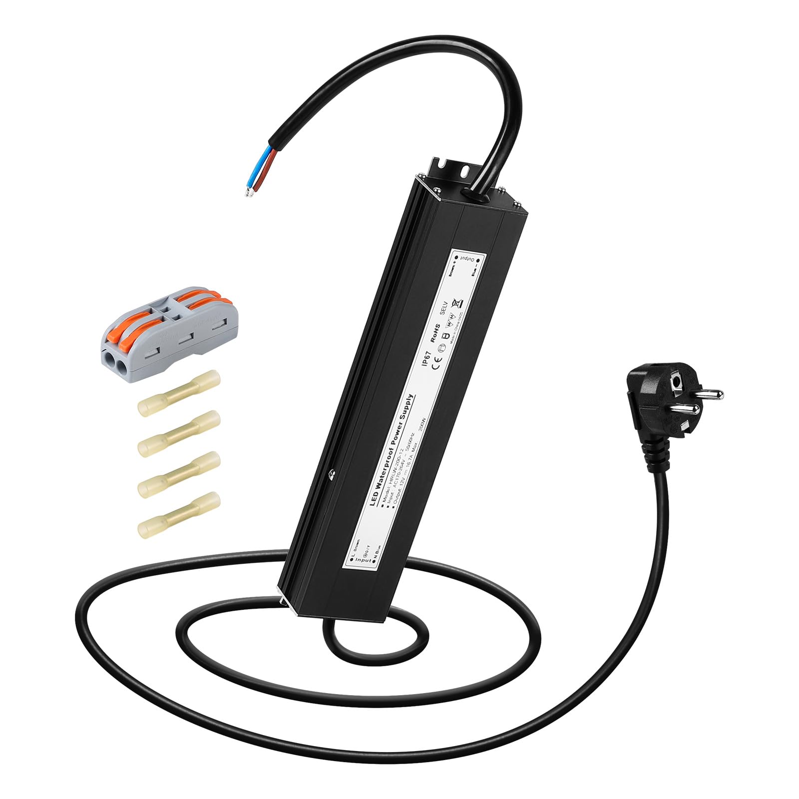 SWAWIS Transformateur LED 12V 200W 16,7A | Imperméable Alimentation de Tension Constante Pilote IP67, Transfo avec Prise, LED Driver pour Bande Spot Lèche-Mur