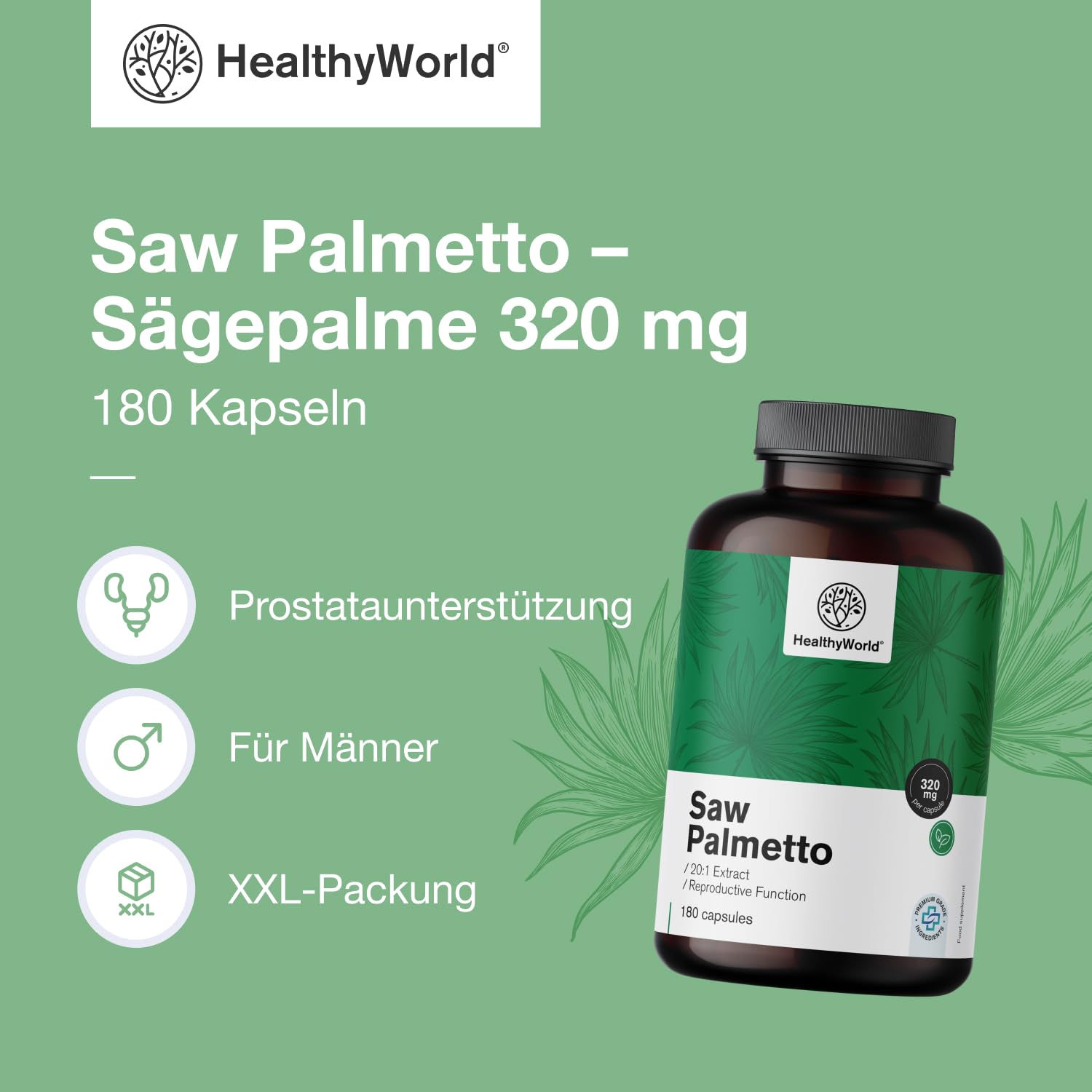 HealthyWorld Saw Palmetto – Sägepalme mit Zinkzusatz – 20:1 Extrakt – 180 pflanzliche Kapseln – Unterstützung für die Prostata – XXL-Packung – Für 6 Monate