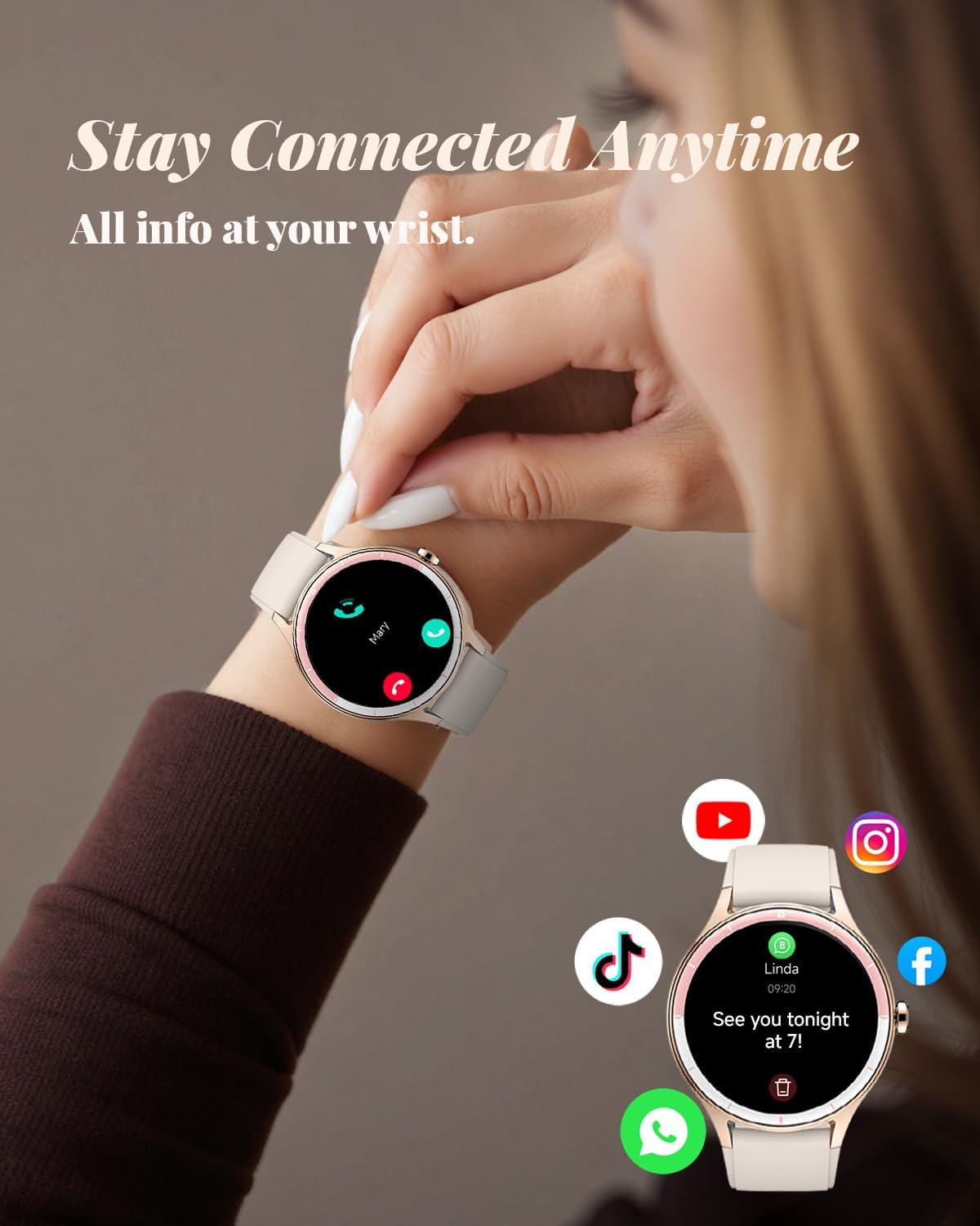 Smart Watch for Women, Smartwatch Compatible Android and iOS Phone, Answer/Make Calls, Fitness Tracker/Step Counter/Running Watch, Sleep/Heart Rate Monitor, 100 Sports, IP68 Waterproof, Beige