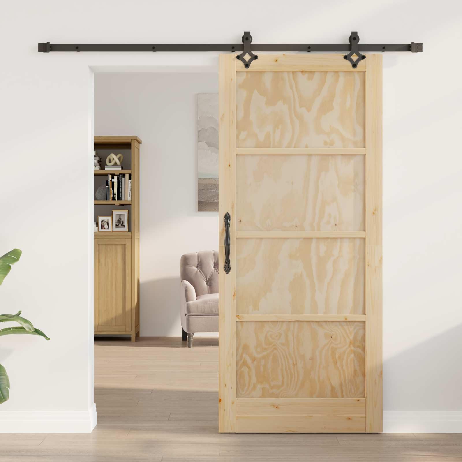 Puerta Corredera Natural y negro 86 x 198,5 cm Fácil Montaje Puerta Corredera con Herrajes para Baño Salón Sala de Estar Cocina