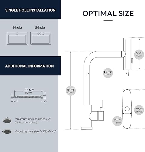 Miniatura 6 de APPASO Grifo de cocina en cascada con rociador extraíble, grifo de cocina de acero inoxidable negro con rociador, 3 modos, grifo de fregadero de