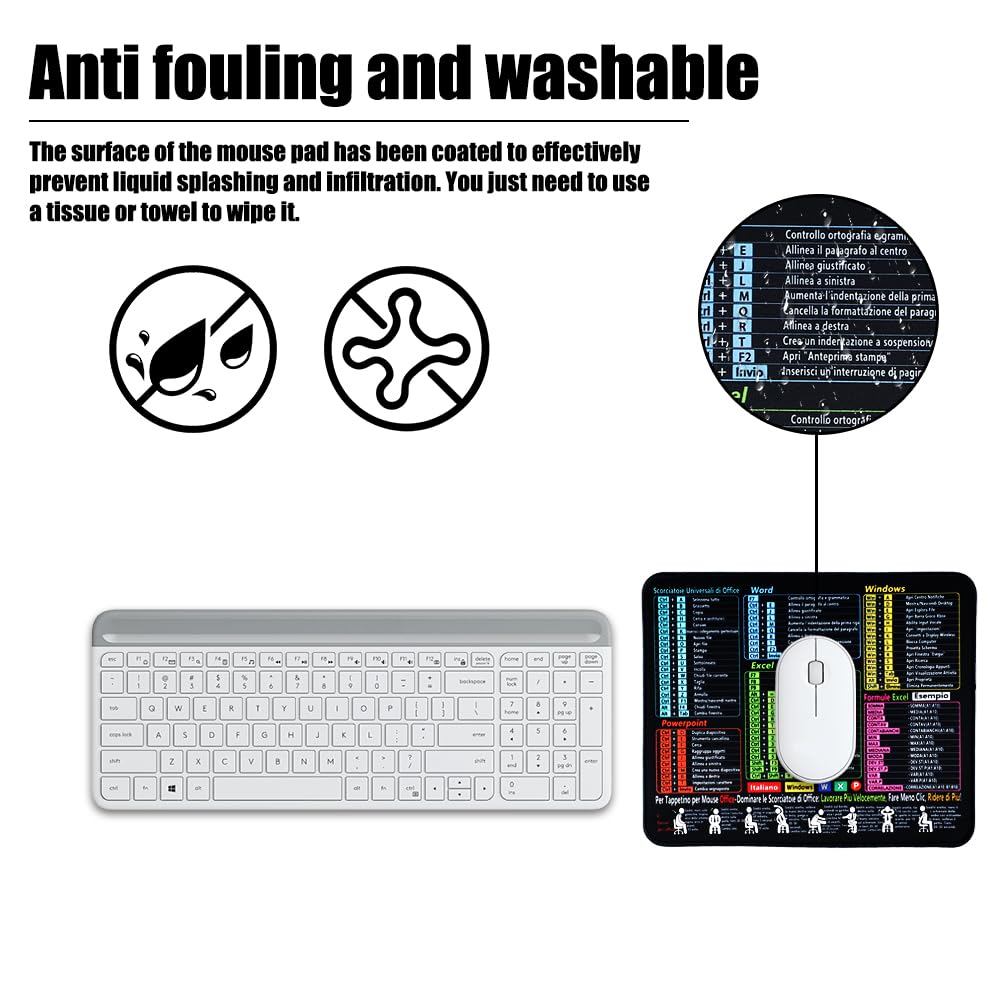 FEMONGY tappetino excel in italiano, 300 x 250 x 3 mm, tappetino mouse, mousepad, Design impermeabile più spesso, motivo combinazione tasti scelta rapida Excel/offce, Italiano