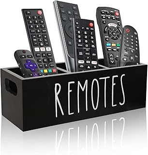 Remote Control Holder, Farmhouse Remote Storage Caddy, Bedside TV Controller Box, Rustic Wood Media Organizer Tray for Home Bedroom Table (Black)