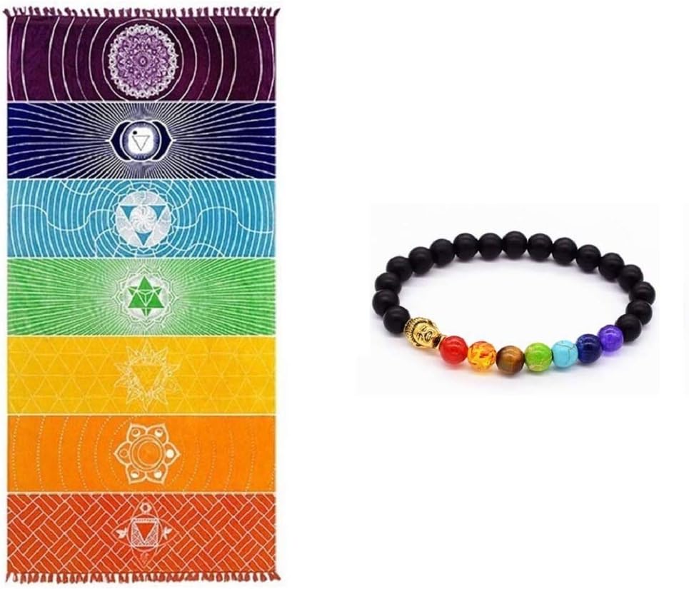 OUTOS Thick Square Bohemia Mandala Cotton Yoga Blanket 7 Chakra Towel Tapestry Striped Beach Mat 59x29.5 inches