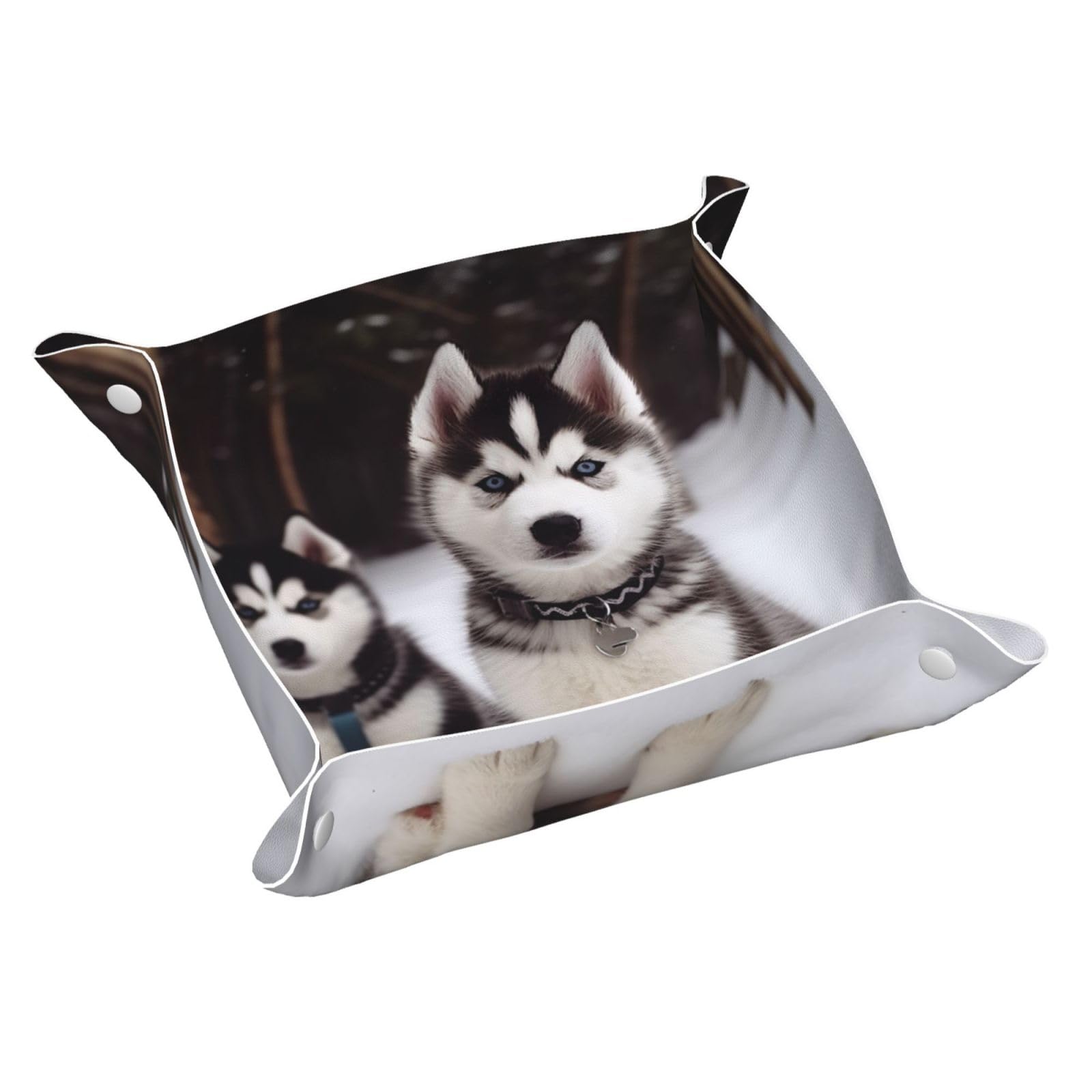 Small Valet Tray Desktop Storage Organizer, Pu Leather Catchall Bedside Vanity Tray Adorable Huskies Nightstand Caddy Holder for Remote Controller, Keys, Phone, Wallet, Coin, Jewelry 7.9x1.6 Inch