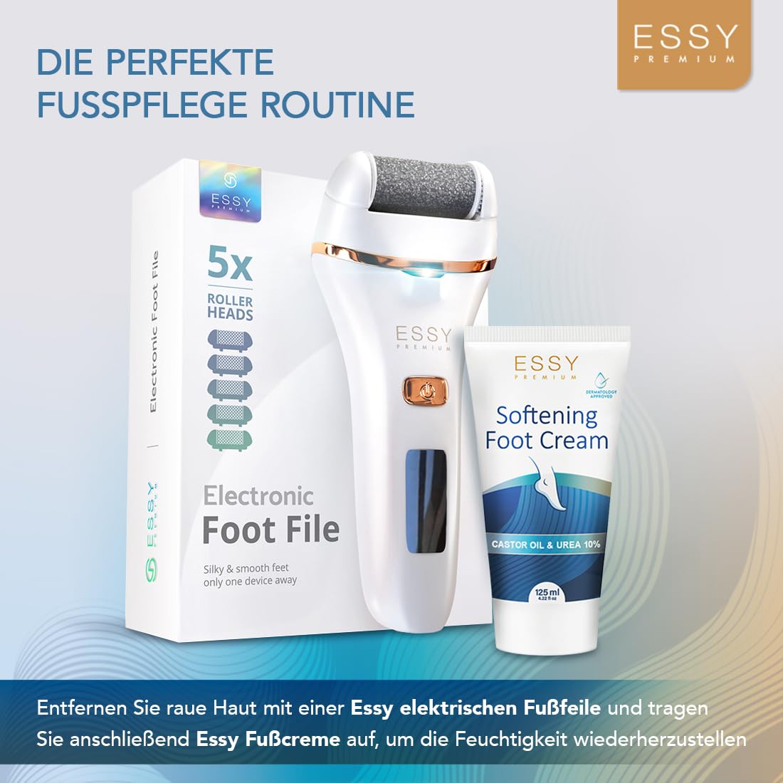 Essy Elektrische Fußfeile Wiederaufladbar mit 5 Austauschwalzen (Weiß) | Für Damen und Herren, Glatte Füße, Wasserdicht, USB-Aufladung, Druckschloss-Sicherheit