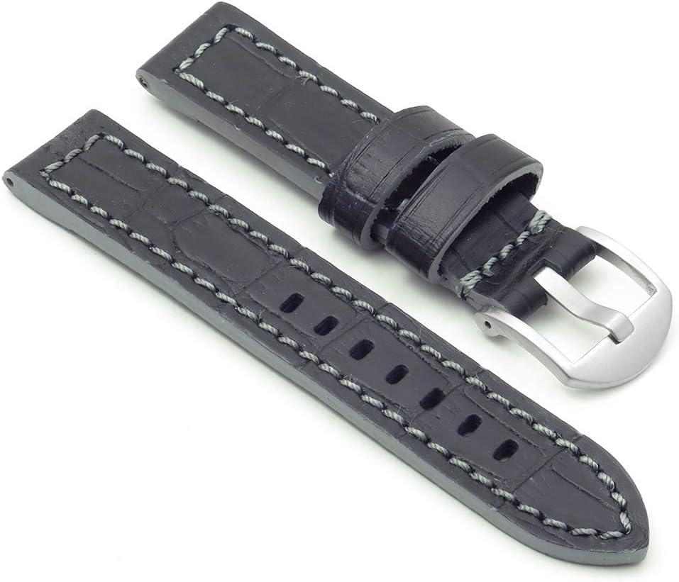 DASSARI Flash Thick Crocodile Embossed Rally Leather Watch Band Strap with Contrast Stitching - Choose Your Color - 20mm 22mm 24mm 26mm