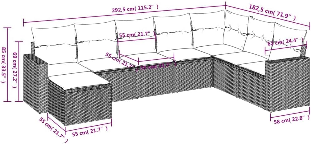 vidaXL Patio Sofa Set with Cushions 8 Piece - Black Poly Rattan - Outdoor Garden Furniture for Backyard, Terrace