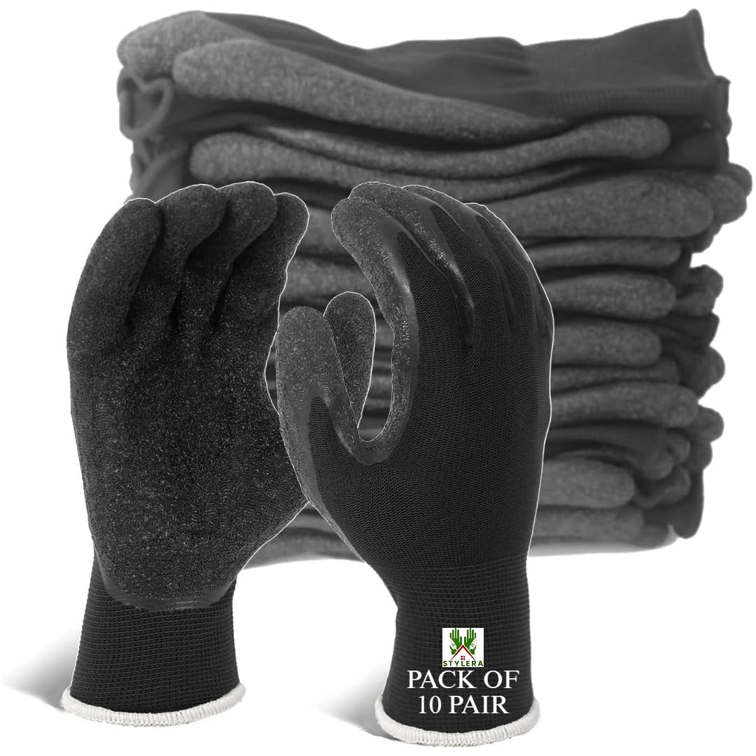STYLERA Crinkle Latex Coated Anti Cut Resistant Work Gloves for Industrial Construction Gardening General Purpose Use For Men Women (PACK OF 10 PAIR, BLACK) (B0CM3LP527) Amazon Price History, Amazon Price Tracker