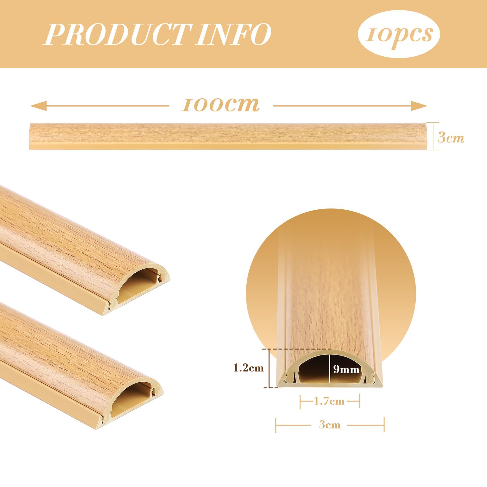 SWAWIS 10 Pezzi 100x3x1.2cm Canaletta per Cavi Elettrici, PVC Granuloso Legno Canalina Coprifili Autoadesivo per Nascondere i Cavi dell'Ufficio Scolastico
