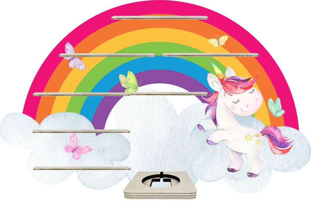 Farbklecks-Collection Tonie Regal Regenbogeneinhorn, Wandregal für bis zu 45 Hörfiguren, Maße 47 x 74 x 6 cm, mit speziellem Ablagefach kompatibel mit Toniebox, handgefertigt in Deutschland