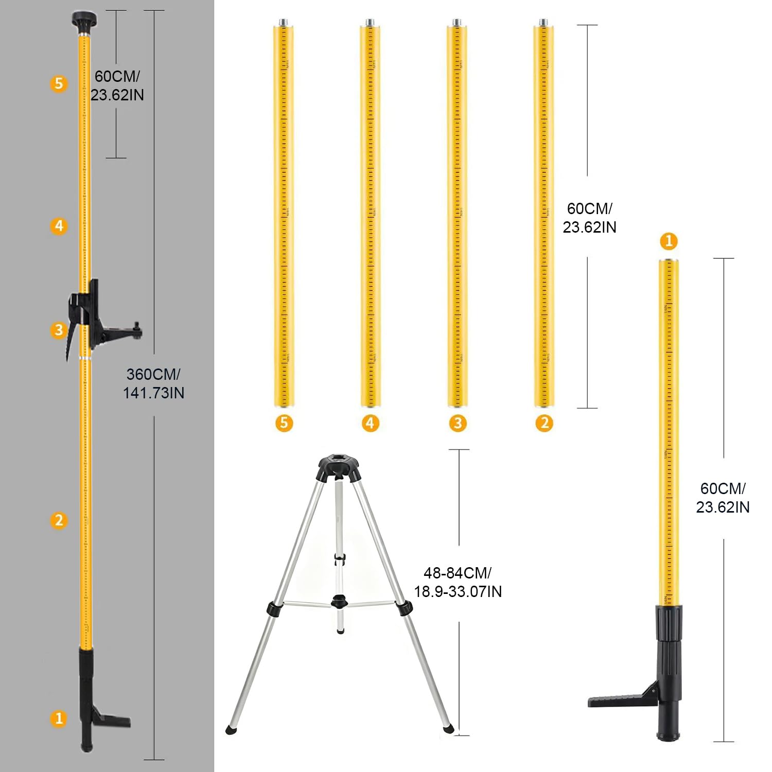 Tripode Nivel Laser 3,7m para Nivel Láser Rotativo y Lineal, Poste Telescópico con Trípode, con Soporte Láser de 1/4 x 20 Pulgadas, Incluye Tuerca Adaptadora de 5/8"-11