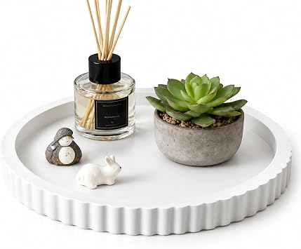 White Round Wood Tray, 11 in Fluted Vanity Tray for Coffee Table Decor | Raised rim keeps small items contained on vanities, counters, and entryways for tidy display and daily organization