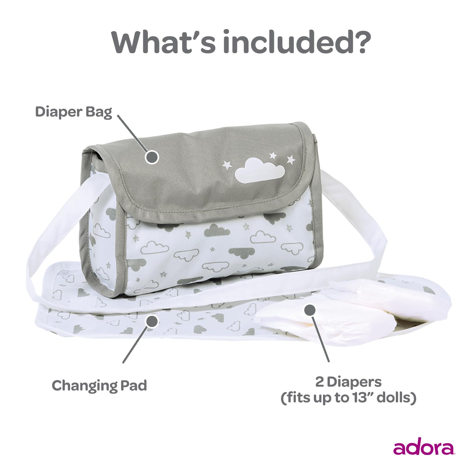 ADORA Bolsa de pañales para muñecas con correas resistentes, incluye cambiador y 2 pañales para muñecas (se adapta a muñecas de 13 pulgadas), regalo de cumpleaños para mayores de 3 años, estrellas