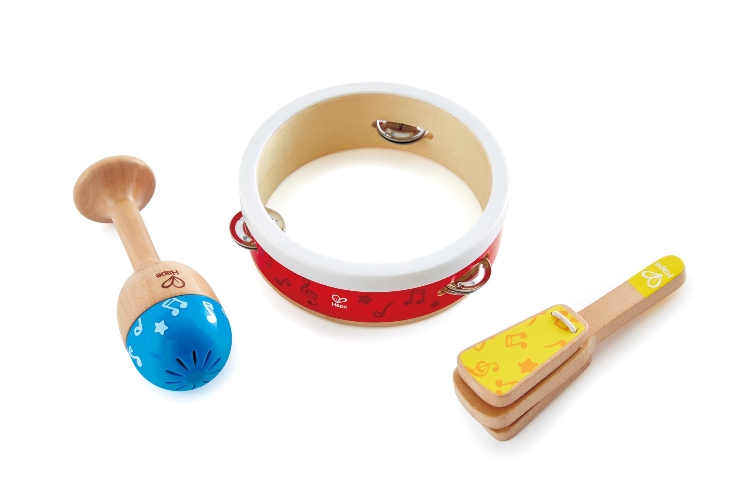 Junior Percussion Set | 3-Piece Wooden Musical Instrument Set for Toddlers | Includes Ring Bell, Maraca, and Clapper | Safe for Young Ears | Vibrant Colors | Group or Solo Play | Music Toy 12M+