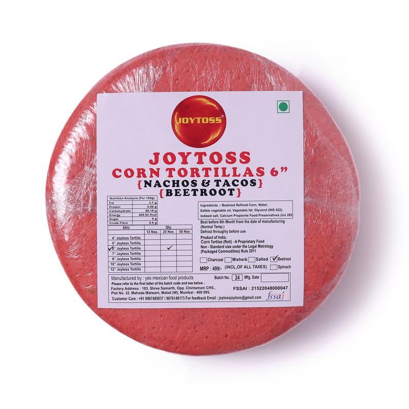 Image of JOYTOSS Tortilla Wrap | Fresh Taste & Soft Texture l Best for Wraps, Tacos, Nachos & Rolls l Ready to Eat Healthy Food - Pack of 25 (BEETROOT NEW)
