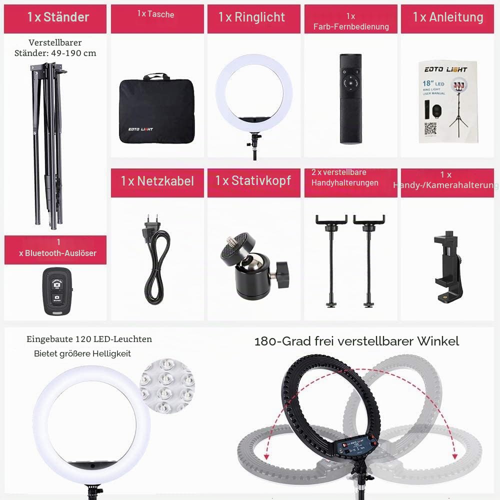 18 Zoll LED Ringlicht mit Stativständer Dimmbares Makeup Selfie Ringlicht für Studio Portrait YouTube Vlog Videoaufnahmen mit Tragetasche und Fernbedienung, CRI 90