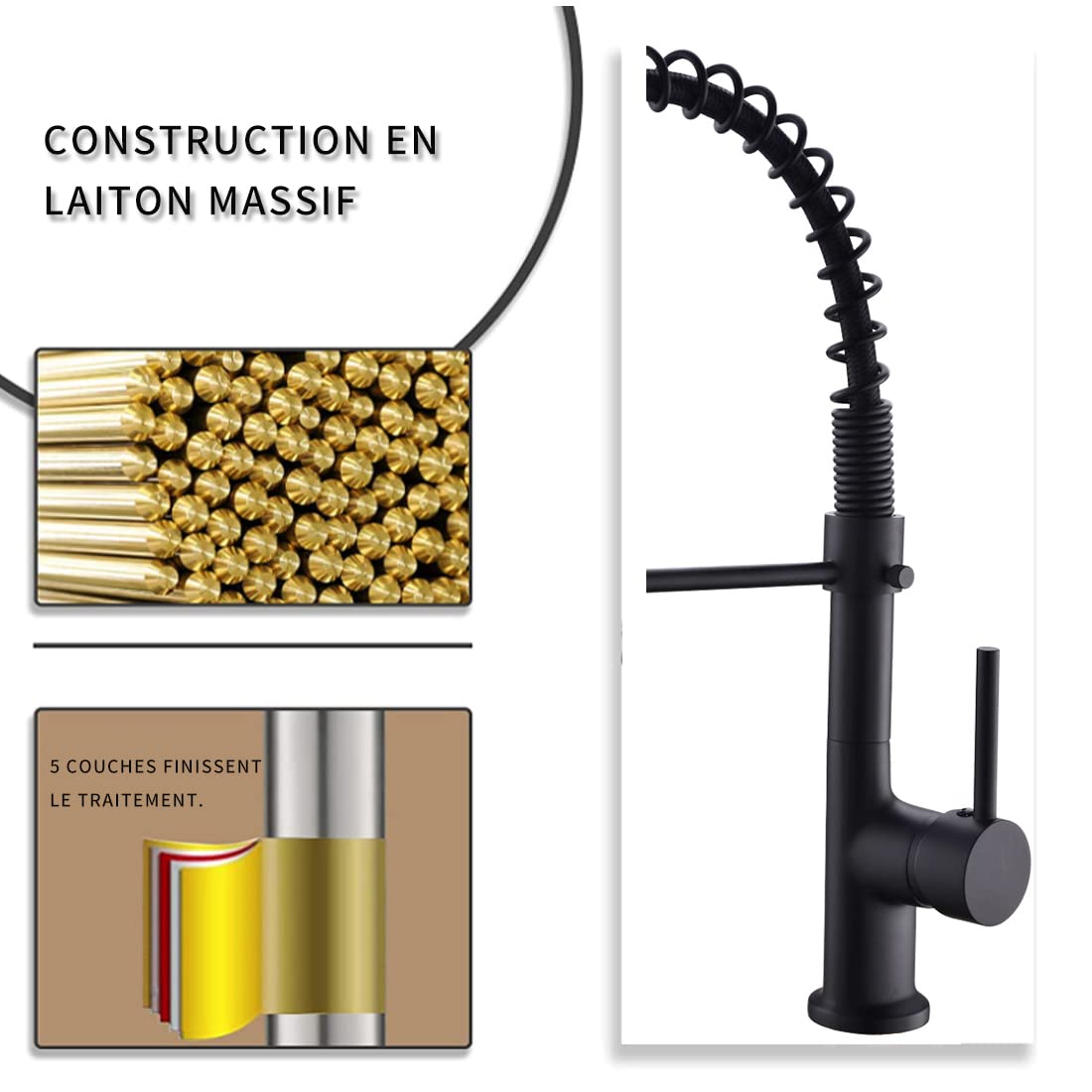 AIMADI Robinet de Cuisine Noir Mat, Mitigeur Évier à Bec Extraible et RotatifRobinet de Cuisine, Mitigeur Évier à Bec Extraible et Rotatif 360° avec Douchette 2 Jets,Robinet Moderne à Levier Unique