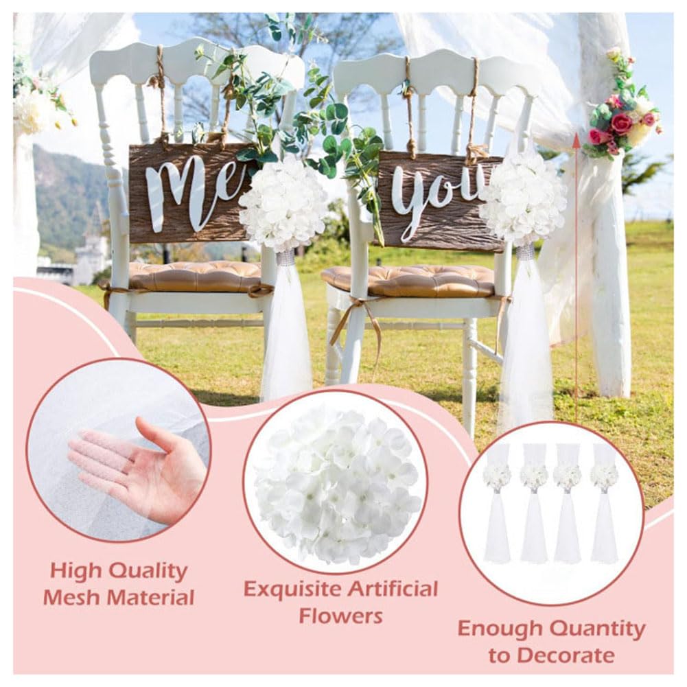 Hochzeit Gang Dekorationen für Zeremonie Hochzeitsstuhl Kirchendekorationen Langen Tüllschwänzen mit Strass-Wickel und Blumen für Hochzeiten Bank Brautparty Kirchenbänke Weiße Hortensie 24 Set