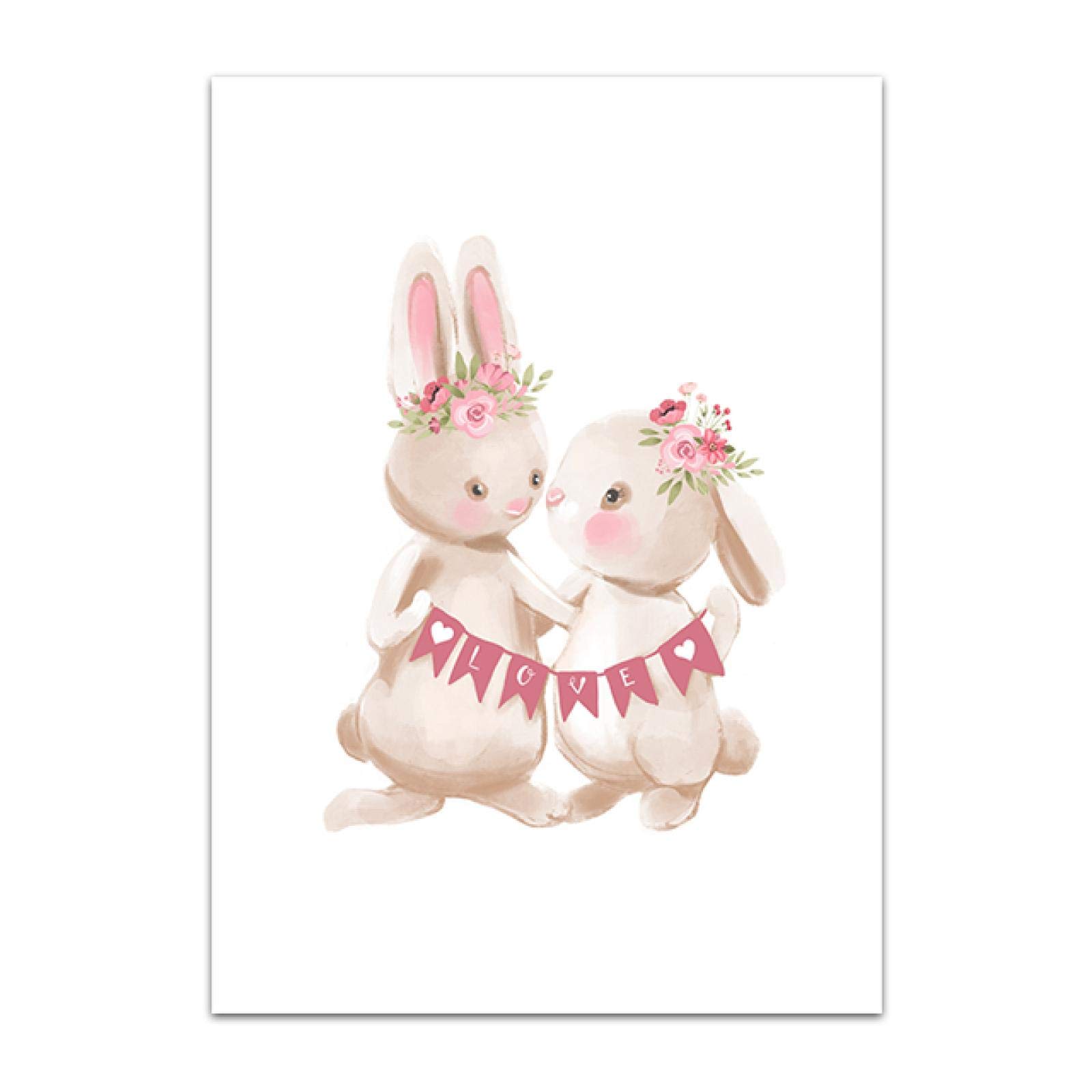 Affiche de Lapin de Noël Animal pépinière Mur Art Impression Lapin Toile Peinture Fleur Mur Photo Fille bébé Chambre décor 50x70cm (20x28in) x3 Cadre intérieur