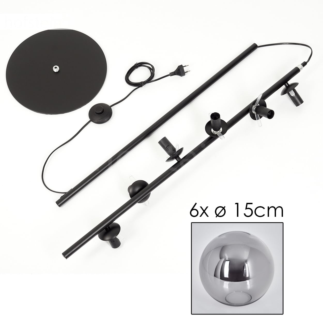 Lampadaire Gastor, lampadaire en métal/verre noir/fumée, luminaire au design moderne rétro/vintage avec abat-jour en verre (Ø 15 cm) et interrupteur à pied, hauteur 160 cm, 6 x E14, sans ampoules