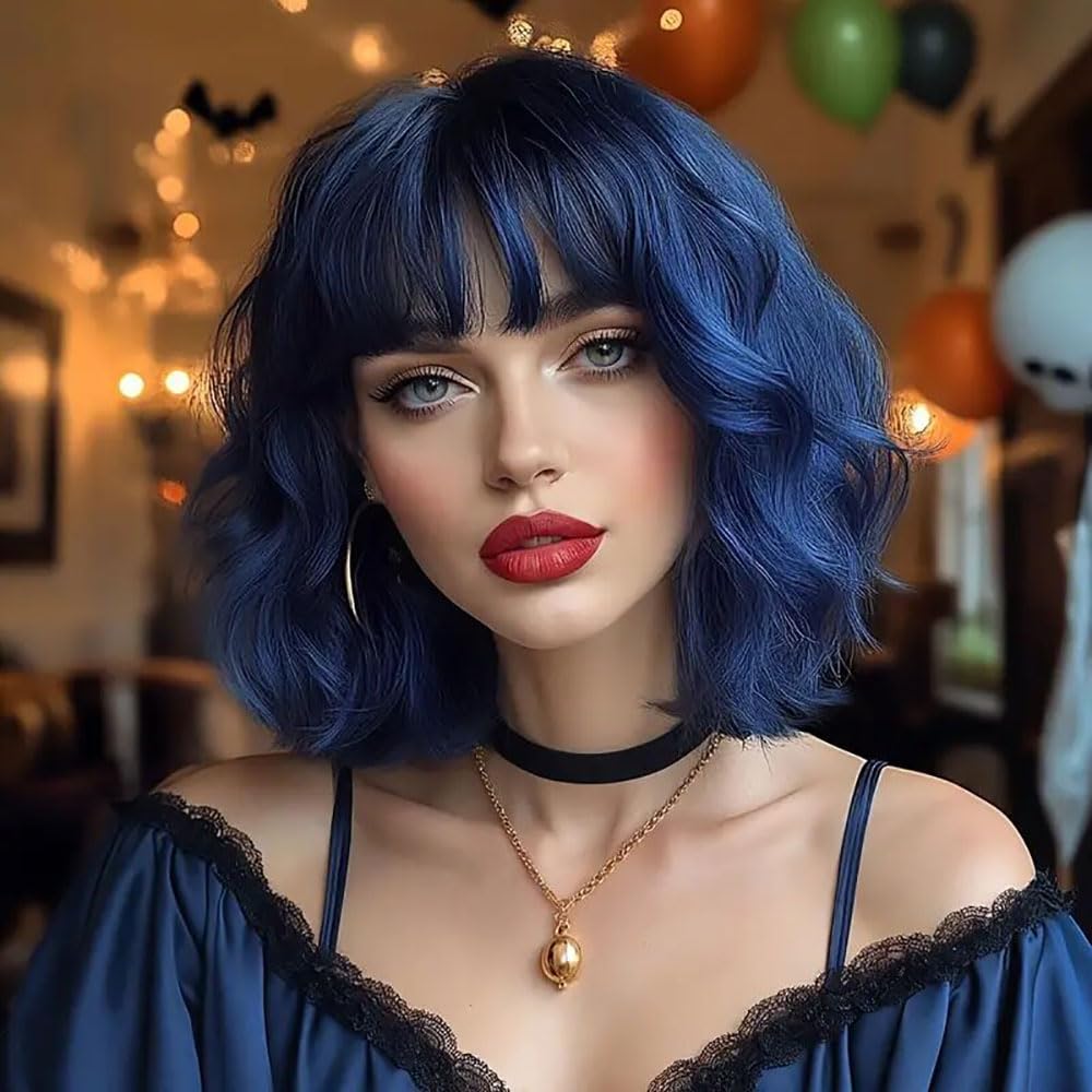Parrucche corte a caschetto con frangia d'aria, lunghezza alle spalle, parrucca da donna, parrucca sintetica riccia ondulata, per cosplay, per ragazze, uso quotidiano, parrucche colorate (blu)