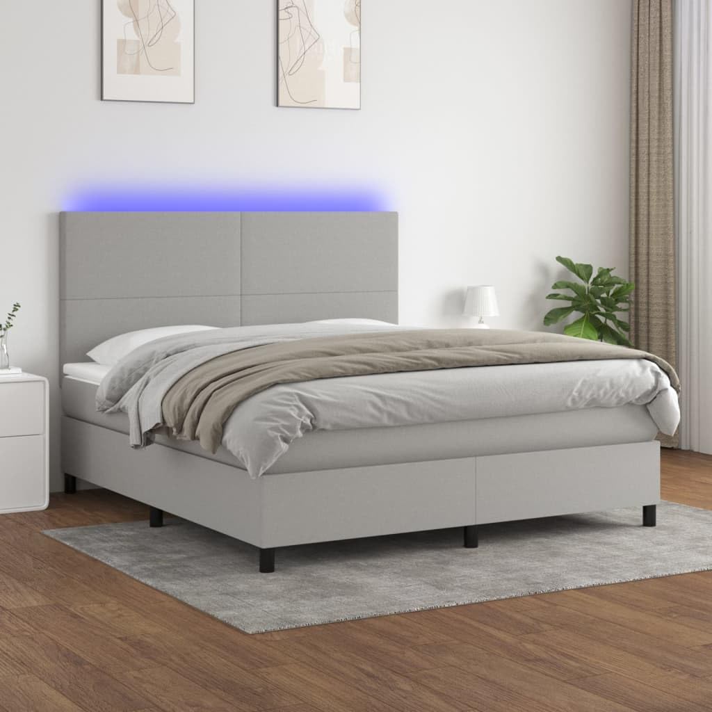 Tkanina regulowany zagłówek LED 180x200cm Szary | Łóżko kontynentalne z materacem i LED jasnoszare 180x200cm tkanina z regulowanym zagłówkiem