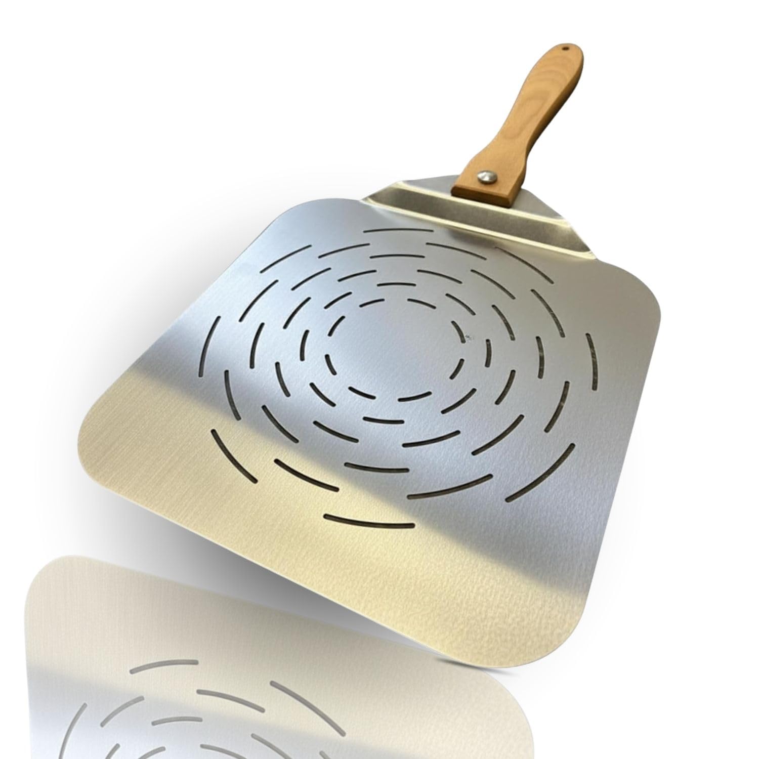 INOXLM Pala per pizza forata in acciaio inox manico pieghevole in faggio 33,5x30,5 cm, Pala per pizza corta, leggera e salvaspazio, ideale per forno domestico - Made in Italy