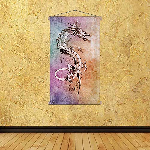 Image of ArtzFolio Tattoo Art Big Medieval Dragon Velvet Fabric Painting Tapestry | Scroll Art Hanging 30 x 48.8 inch (76 x 124 cms)