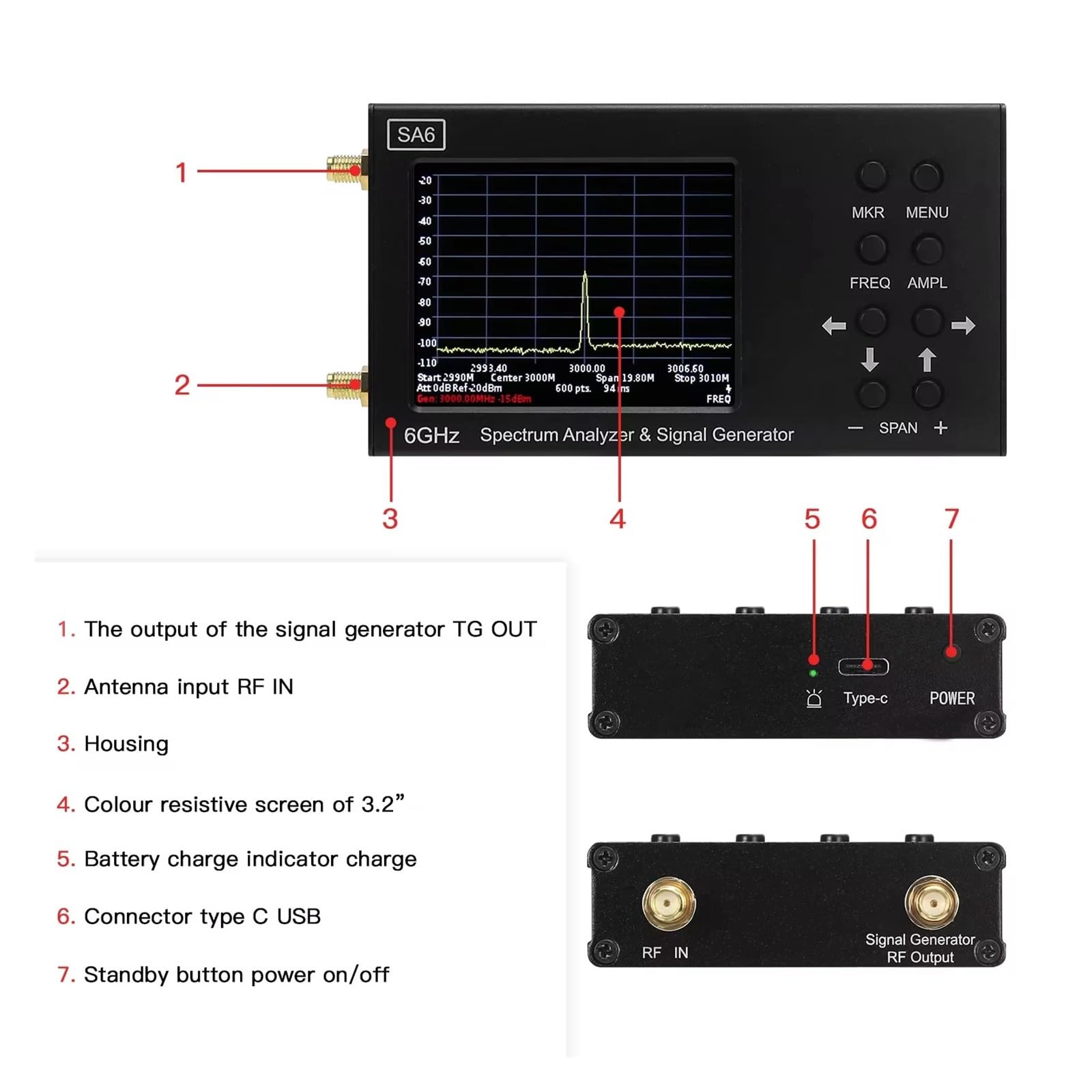 Spektrumanalysator, SA6 Spektrumanalysator 6 GHz 35-6200 MHz Signalgenerator Bietet PC-Software zur Messung von Funksignalen Richtungskompass