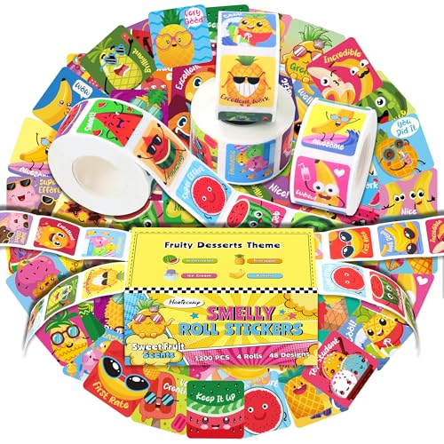 HORIECHALY 1200 Pcs Scented Stickers for Kids, 4 Rolls Scratch and Sniff Smelly Motivational Reward...