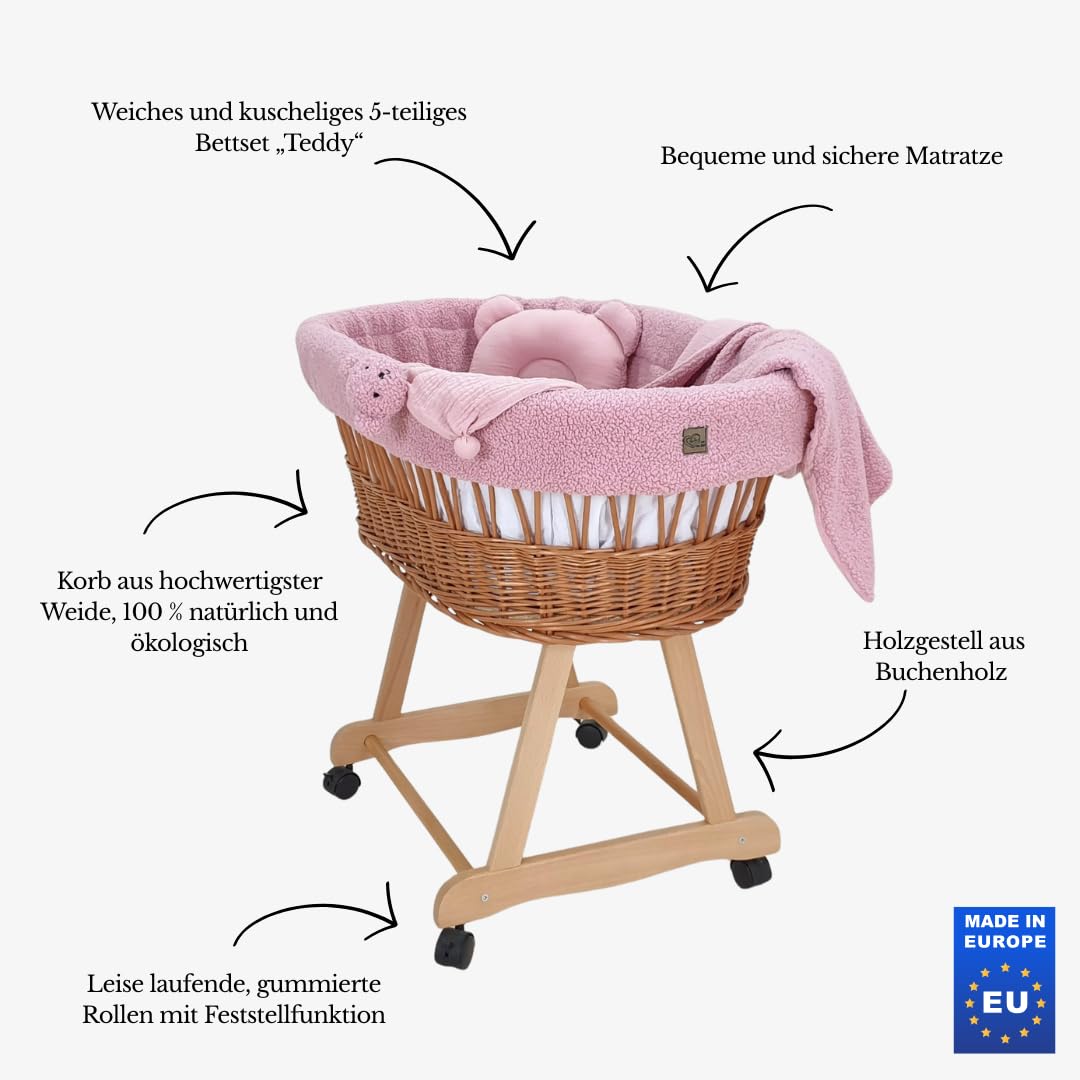 Łóżeczko dziecięce Amelia – naturalne ręcznie tkane Mojżesz ze stojakiem i materacem – 5-częściowy zestaw pościeli Teddy w kolorze różowym – przenośny wózek na kółkach – idealny dla