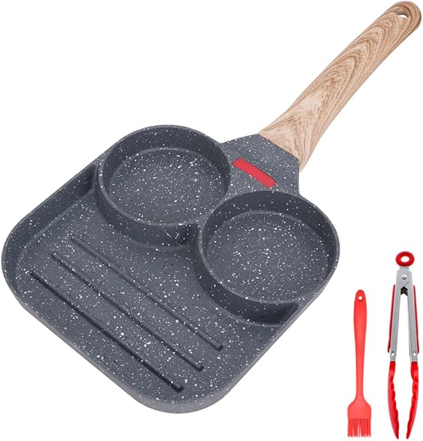Bobikuke Divided Frying Pan, Non Stick Egg Frying Pan All in One Pan Fried Egg Pan Induction Compatible 3 in 1 Multi Section Breakfast Pan (Black)
