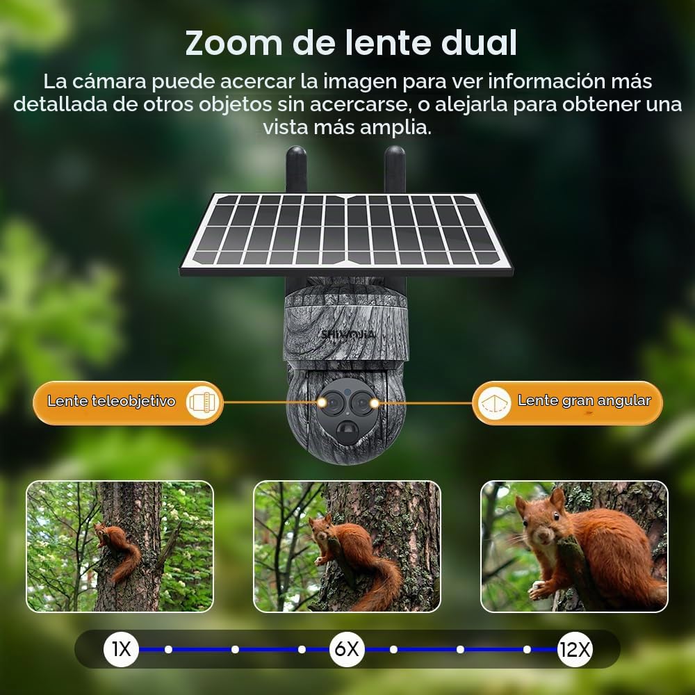SHIWOJIA 12X Zoom Camara Vigilancia 4G Exterior Solar con Tarjeta SIM, 2K 360° PTZ 4G Inalámbrico Cámara con Visión Nocturna, Detección de Movimiento, Audio Bidireccional, IP66 Impermeable