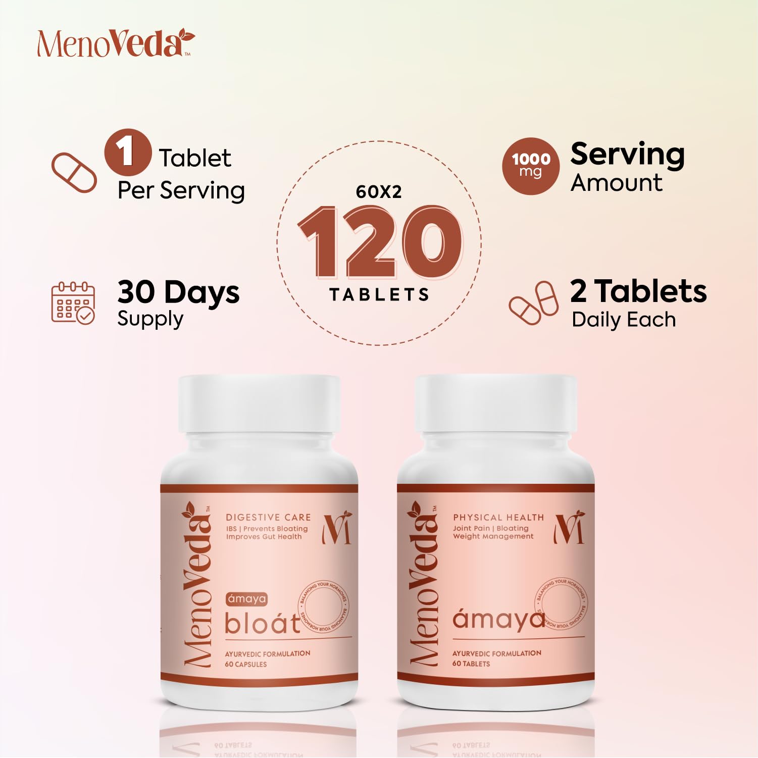 Menoveda Amaya & Bloat Combo | Ayurvedic Multivitamin For Women 40+ Nearing Menopause - For Improved Joint health, Fitness, Strength, IBS & Gut Health | Reduces Bloating & Indigestion - Pack Of 2 1