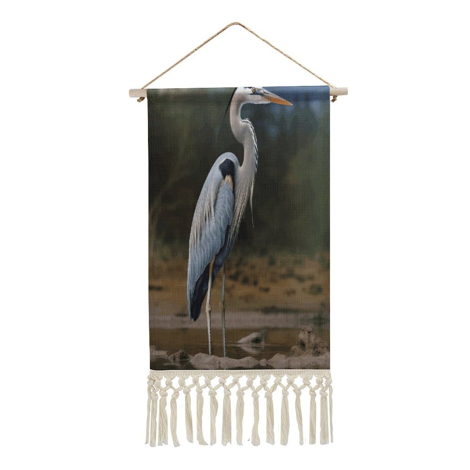 VstaDank Heron Wall Art Decor with Tassels 20"x10" Cotton Linen Hanging Tapestry Decor Wall Art Prints Wood Frame Boho Wall Art Poster for Bedroom Living Room Office